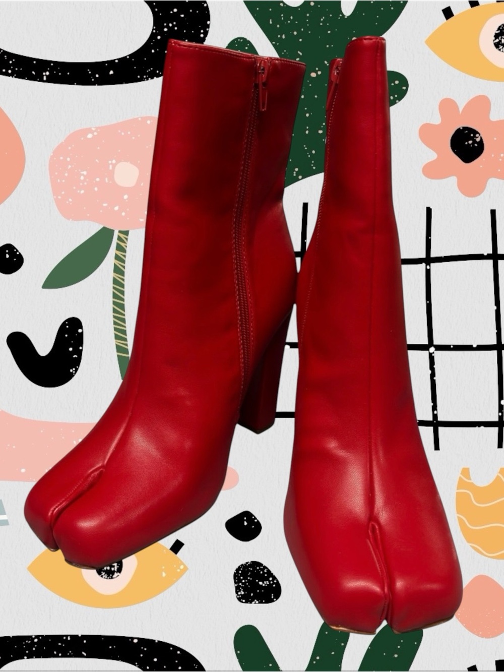 Liliana | Mahomes Red Faux Leather Tabi Camel Toe High Heeled Boots